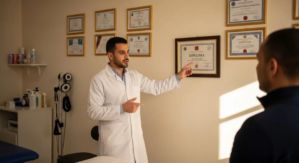 Kinésithérapeute diplômée présentant ses certifications dans son cabinet à Tanger