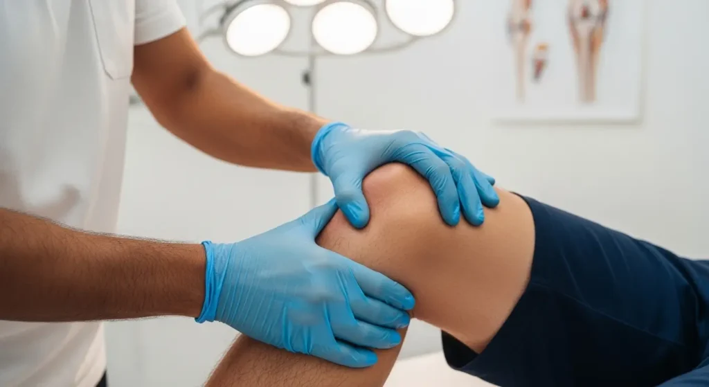 Kinésithérapeute marocain effectuant une rééducation du genou en cabinet