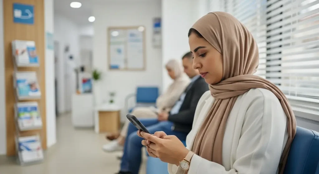 Patient marocaine prenant rendez-vous chez un kinésithérapeute au Maroc