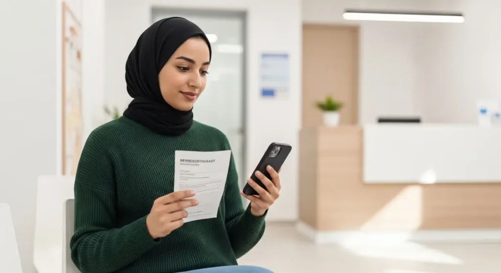 Patiente marocaine prenant rendez-vous en ligne pour une séance de kinésithérapie à Tanger