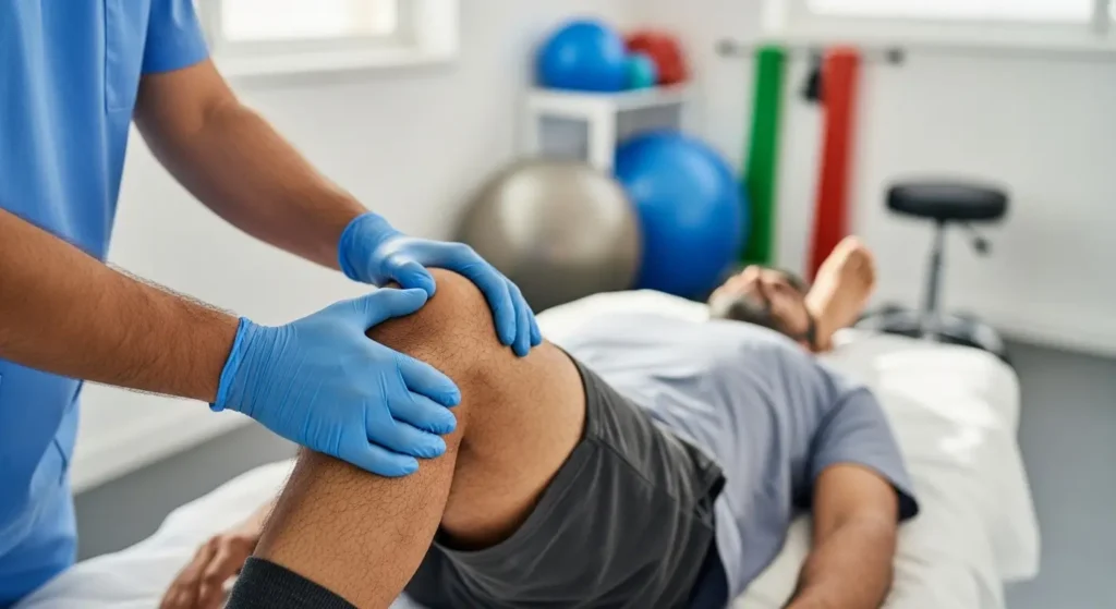 Séance de kinésithérapie orthopédique pour rééducation du genou dans un cabinet à Tanger